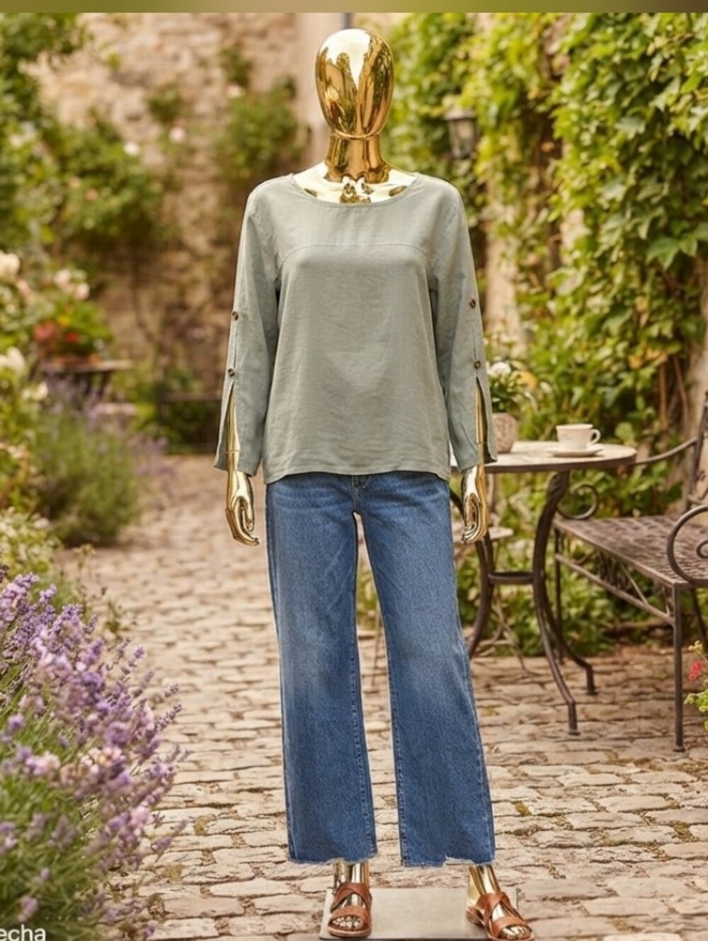 Button-Slit Sage Green Long-Sleeve Blouse